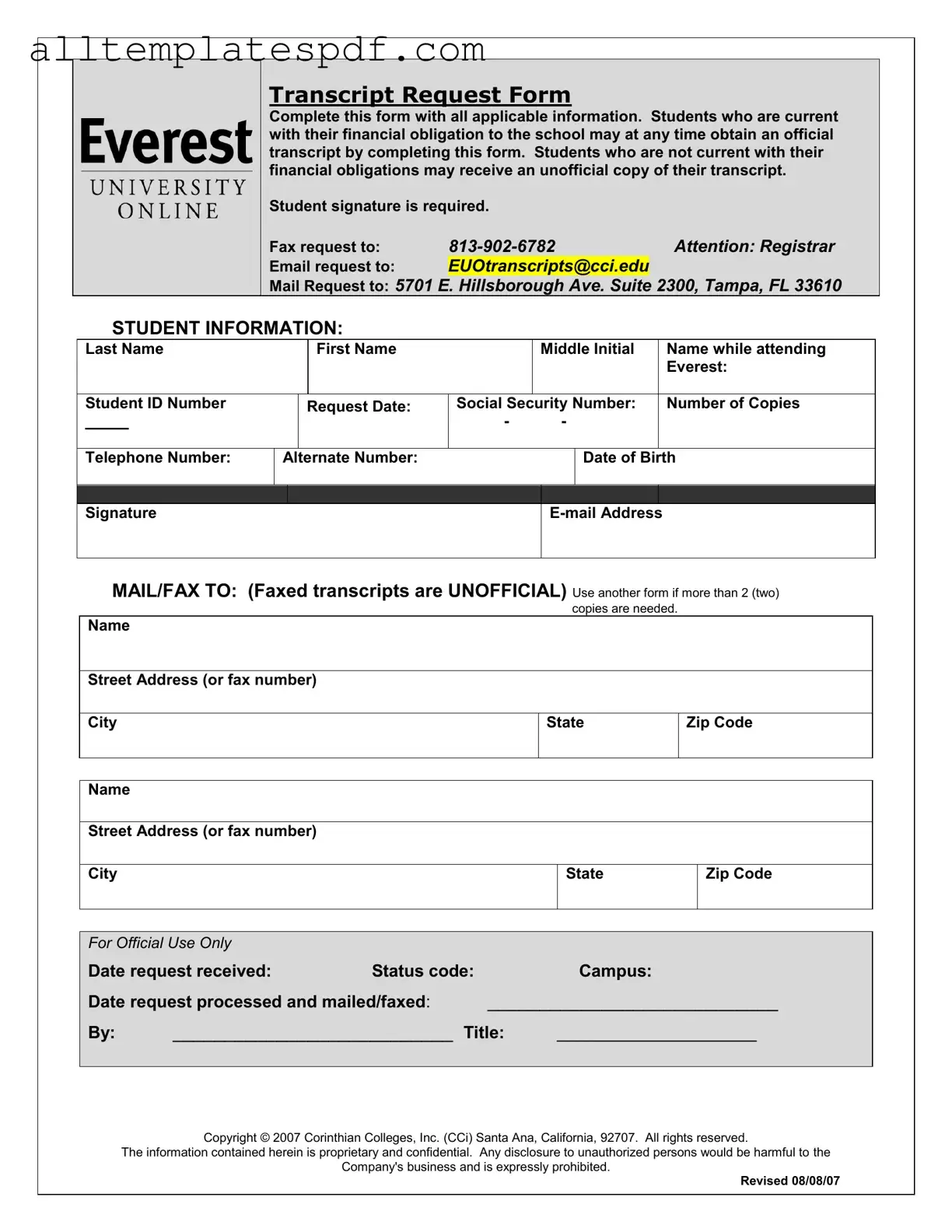 Fill Out a Valid Everest University Transcript Form