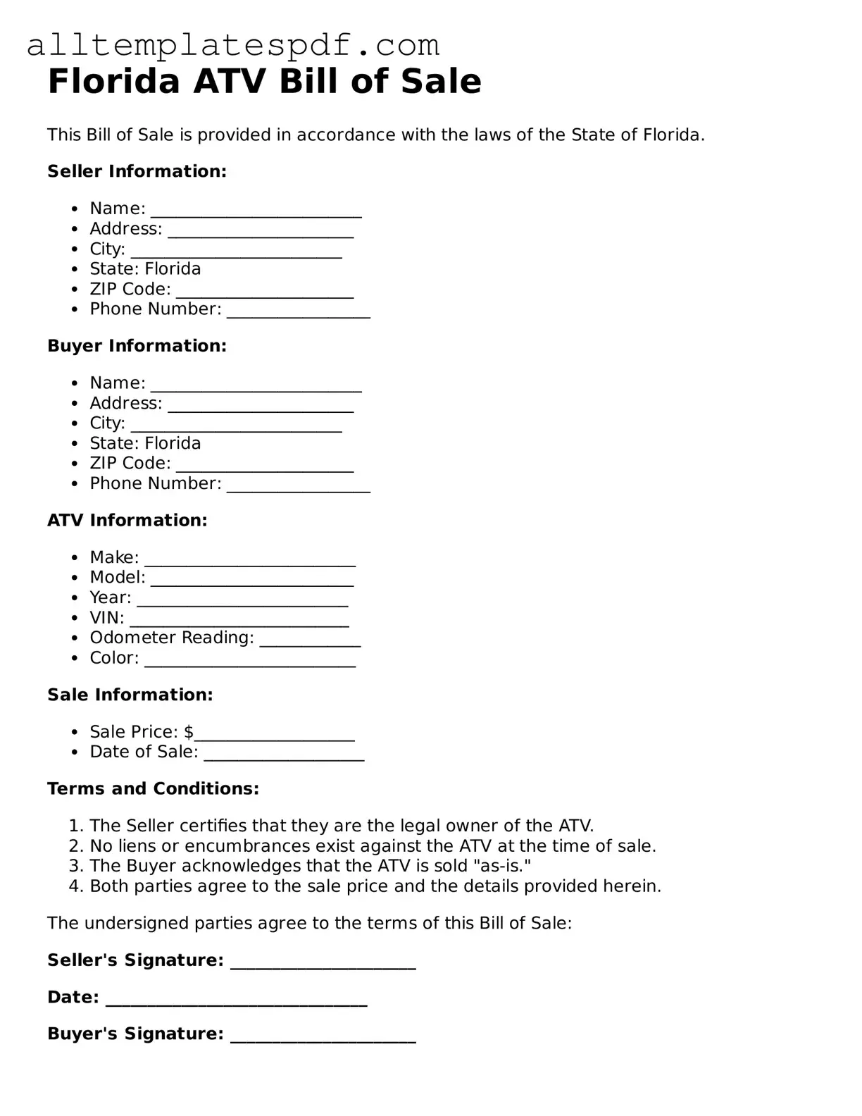 Blank ATV Bill of Sale Template for the State of Florida