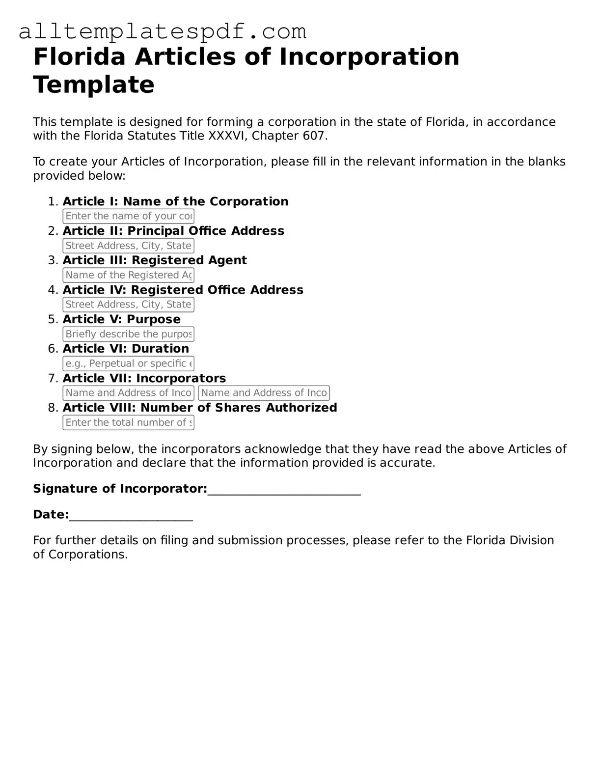 Blank Articles of Incorporation Template for the State of Florida