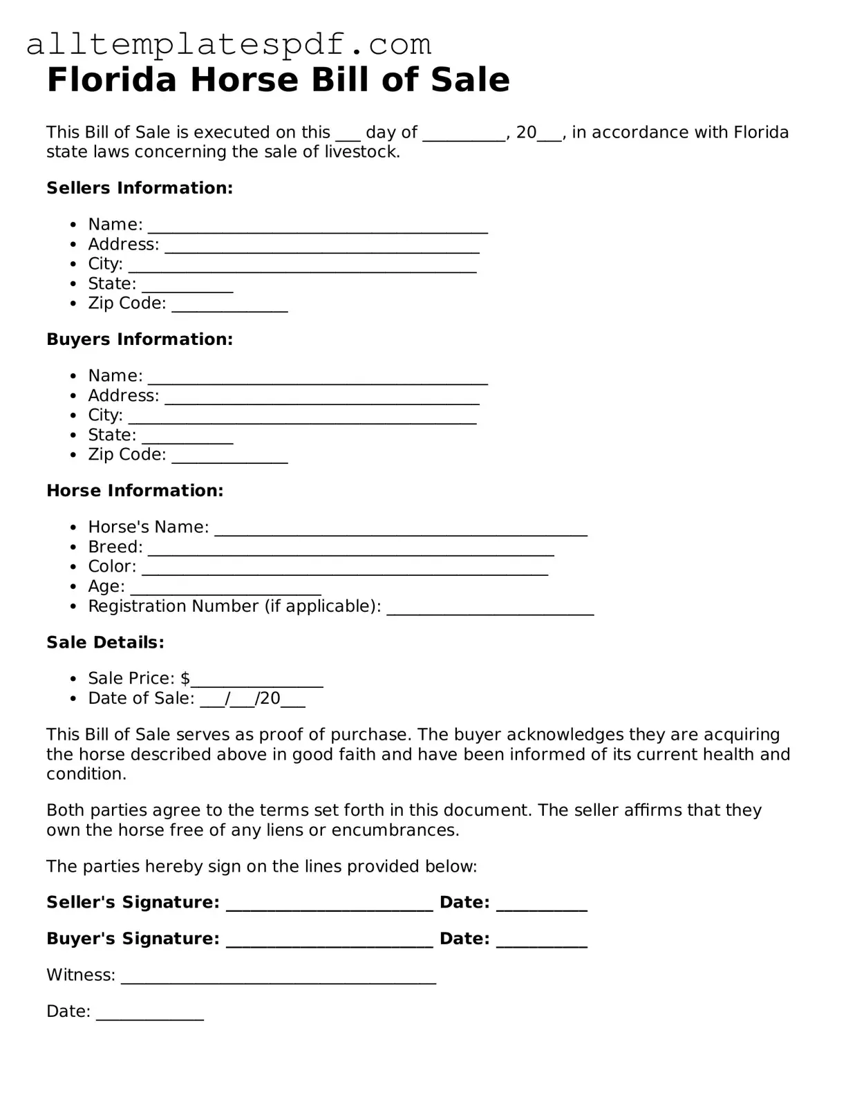 Blank Horse Bill of Sale Template for the State of Florida