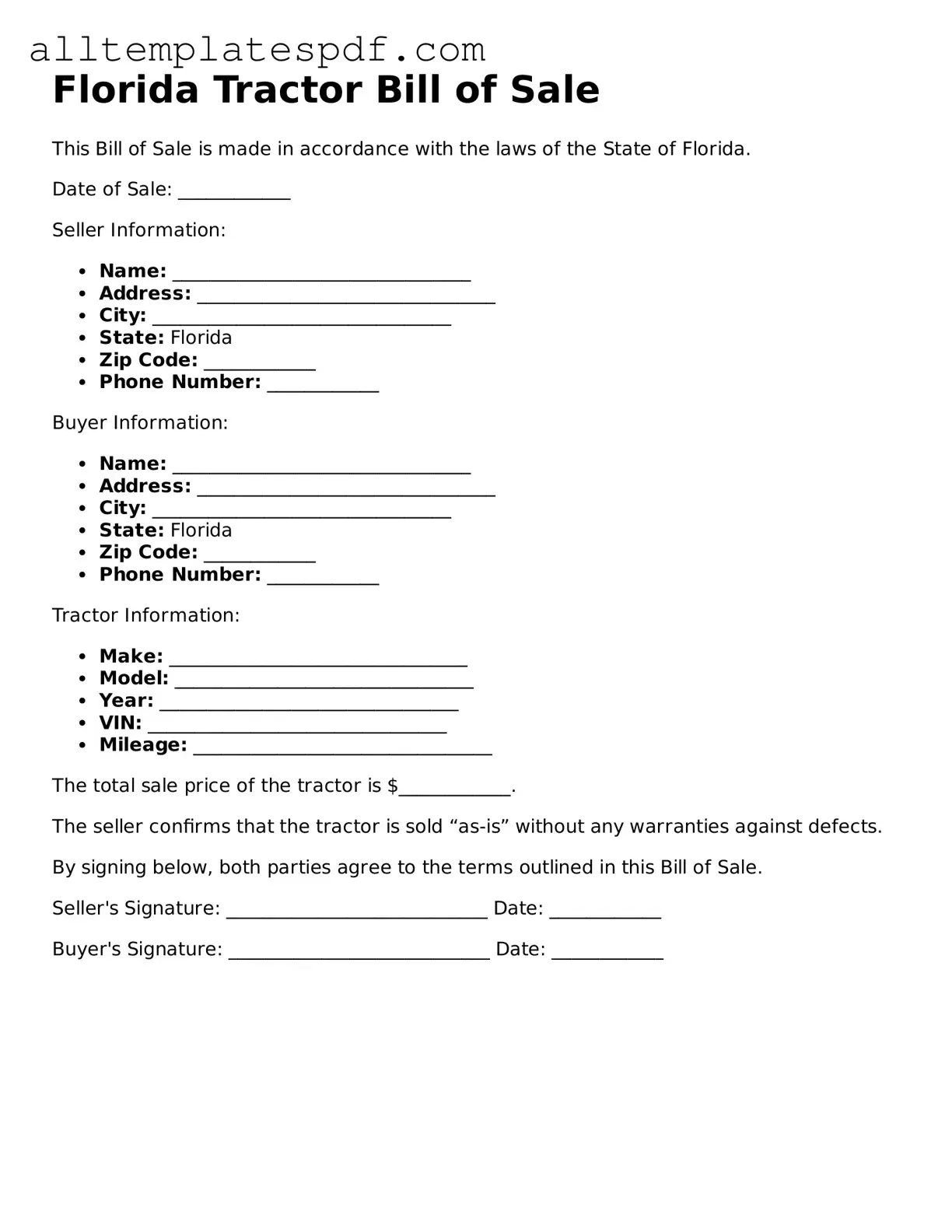Blank Tractor Bill of Sale Template for the State of Florida