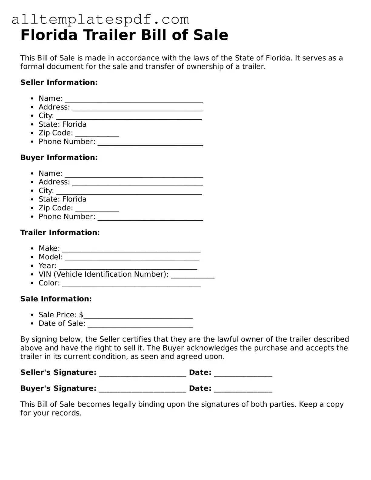 Blank Trailer Bill of Sale Template for the State of Florida