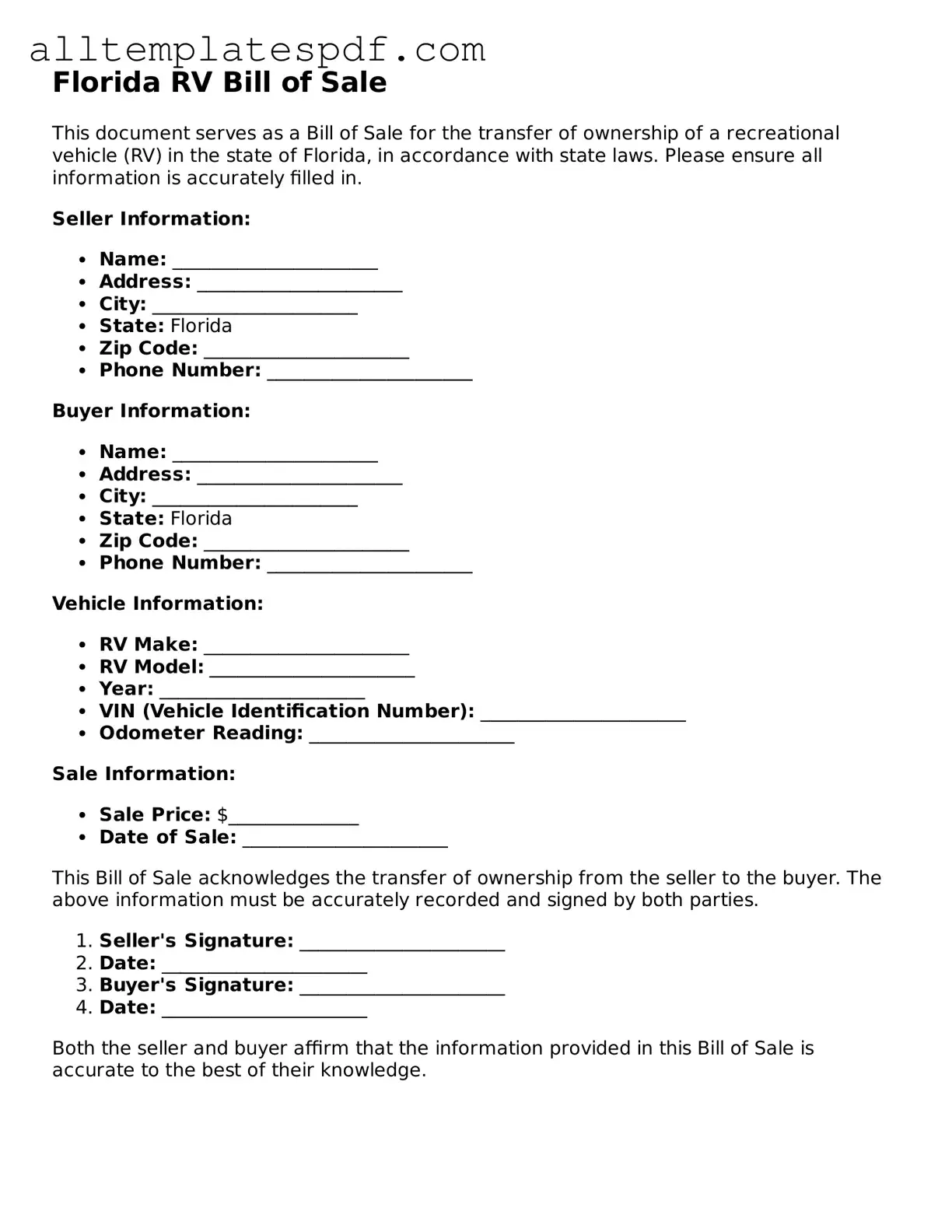 Blank RV Bill of Sale Template for the State of Florida