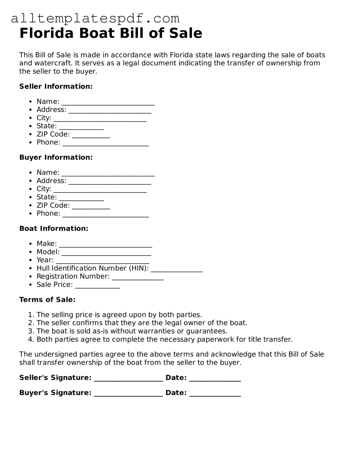 Blank Boat Bill of Sale Template for the State of Florida