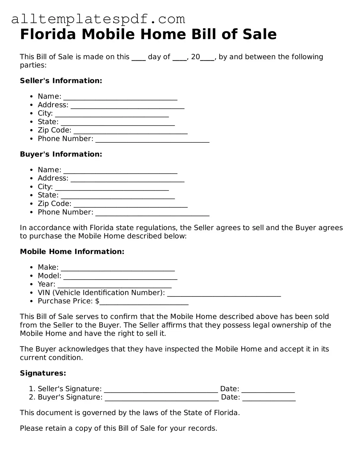 Blank Mobile Home Bill of Sale Template for the State of Florida