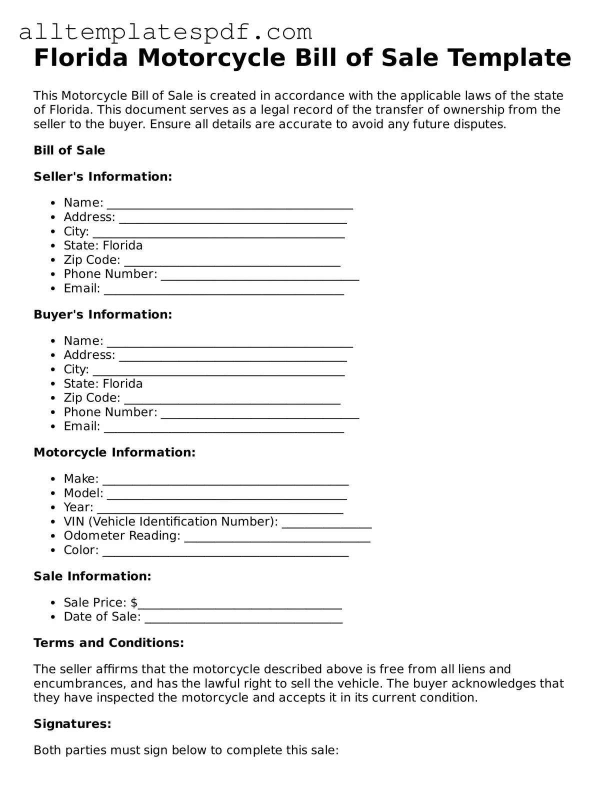 Blank Motorcycle Bill of Sale Template for the State of Florida