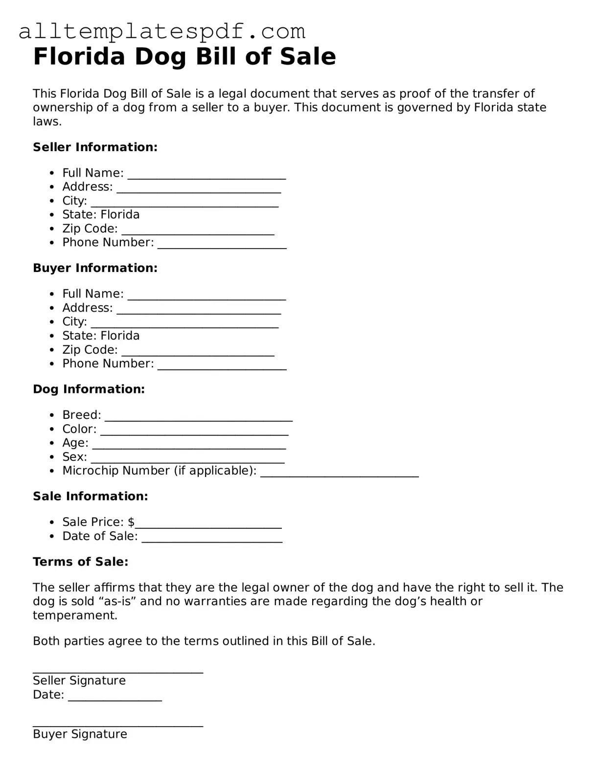 Blank Dog Bill of Sale Template for the State of Florida