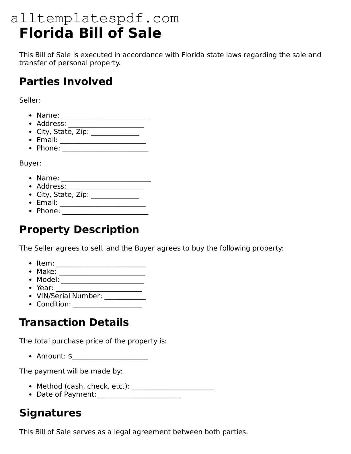 Blank Bill of Sale Template for the State of Florida