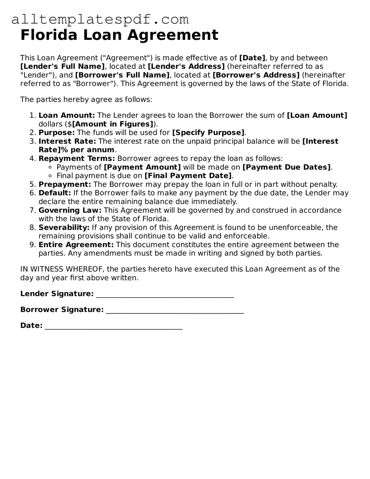 Blank Loan Agreement Template for the State of Florida