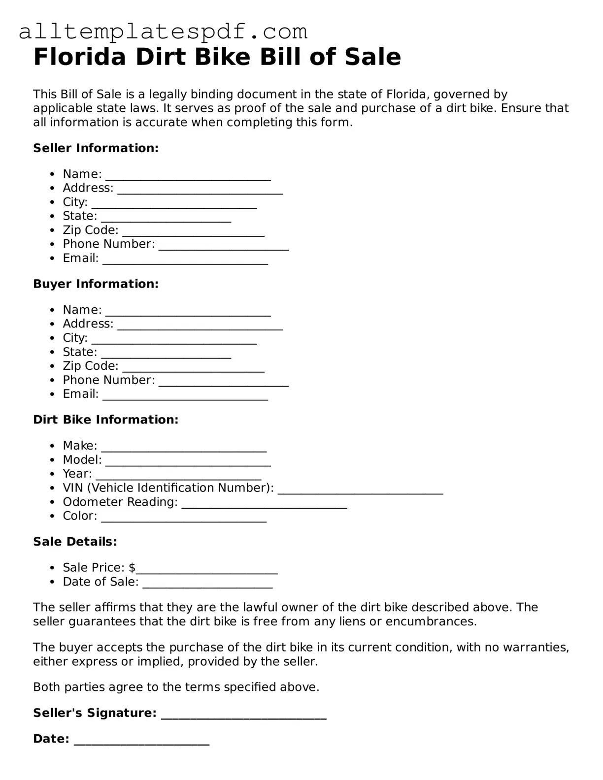 Blank Dirt Bike Bill of Sale Template for the State of Florida