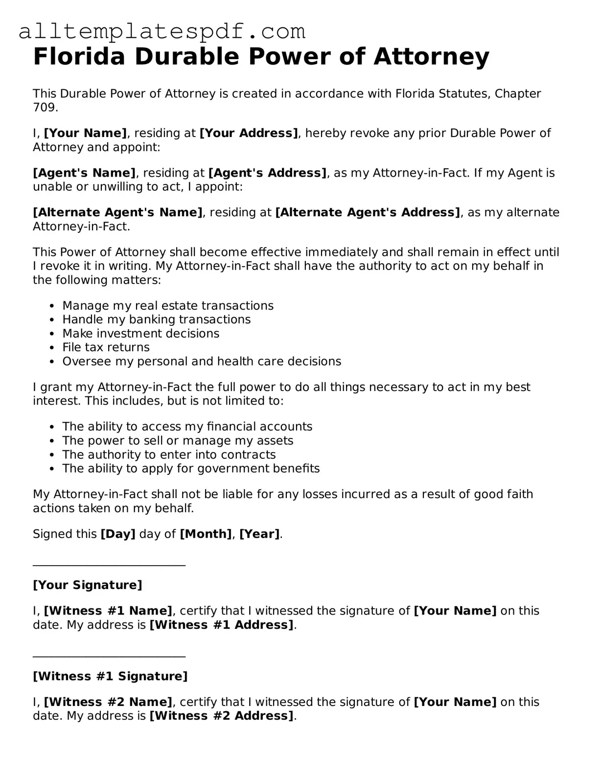 Blank Durable Power of Attorney Template for the State of Florida