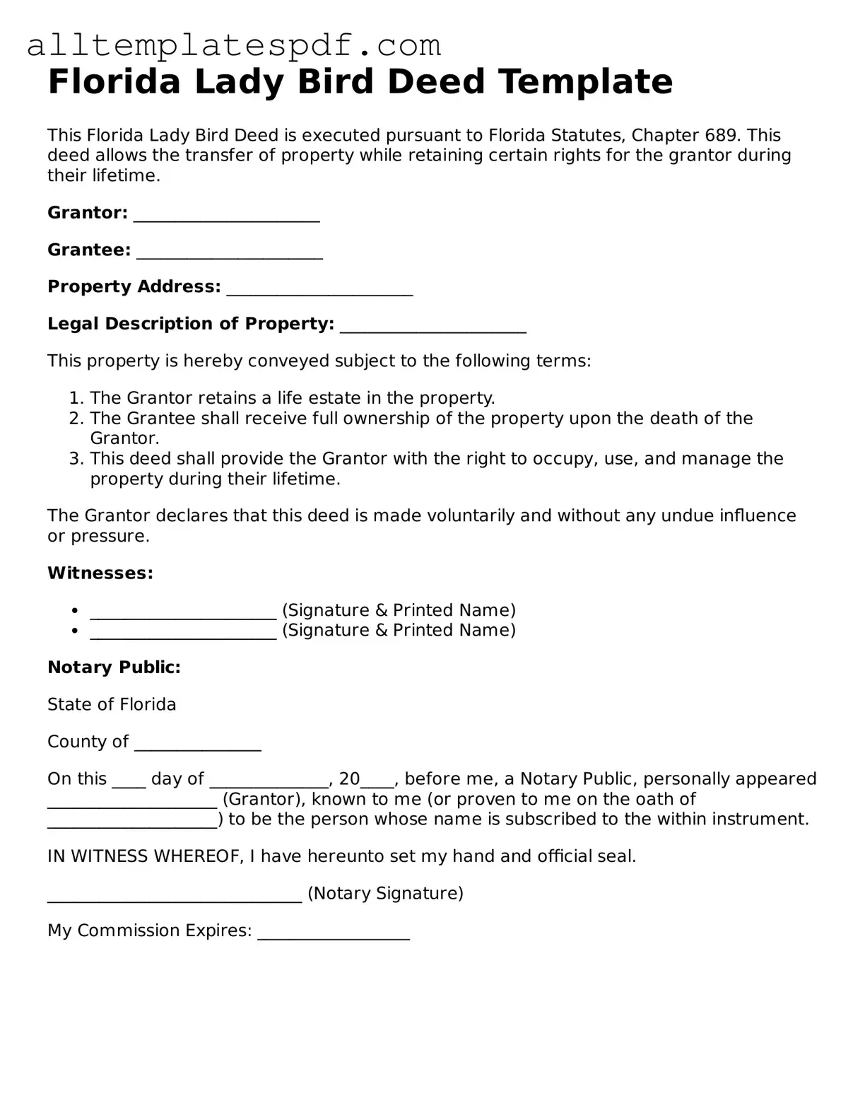 Blank Lady Bird Deed Template for the State of Florida