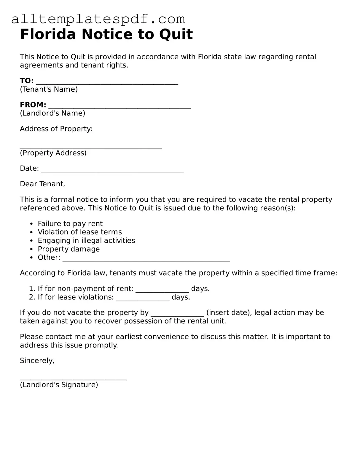 Blank Notice to Quit Template for the State of Florida