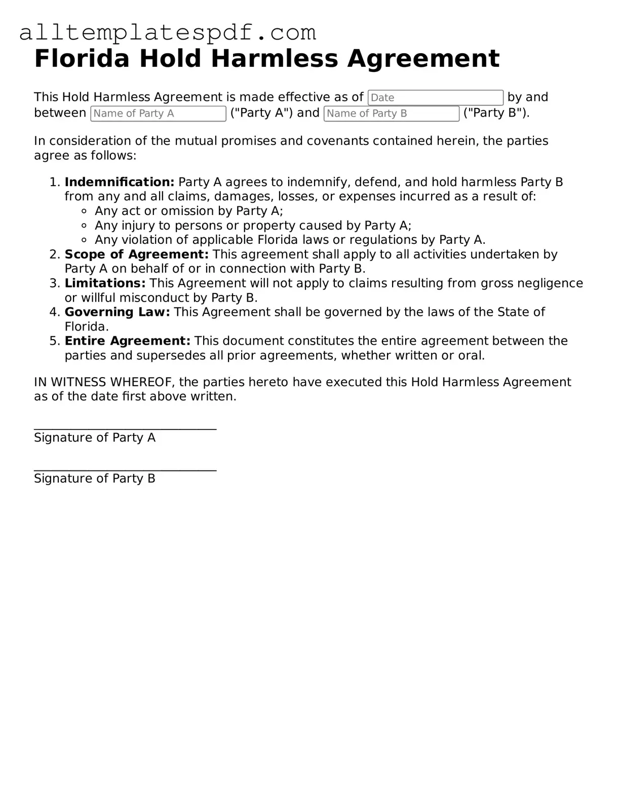 Blank Hold Harmless Agreement Template for the State of Florida