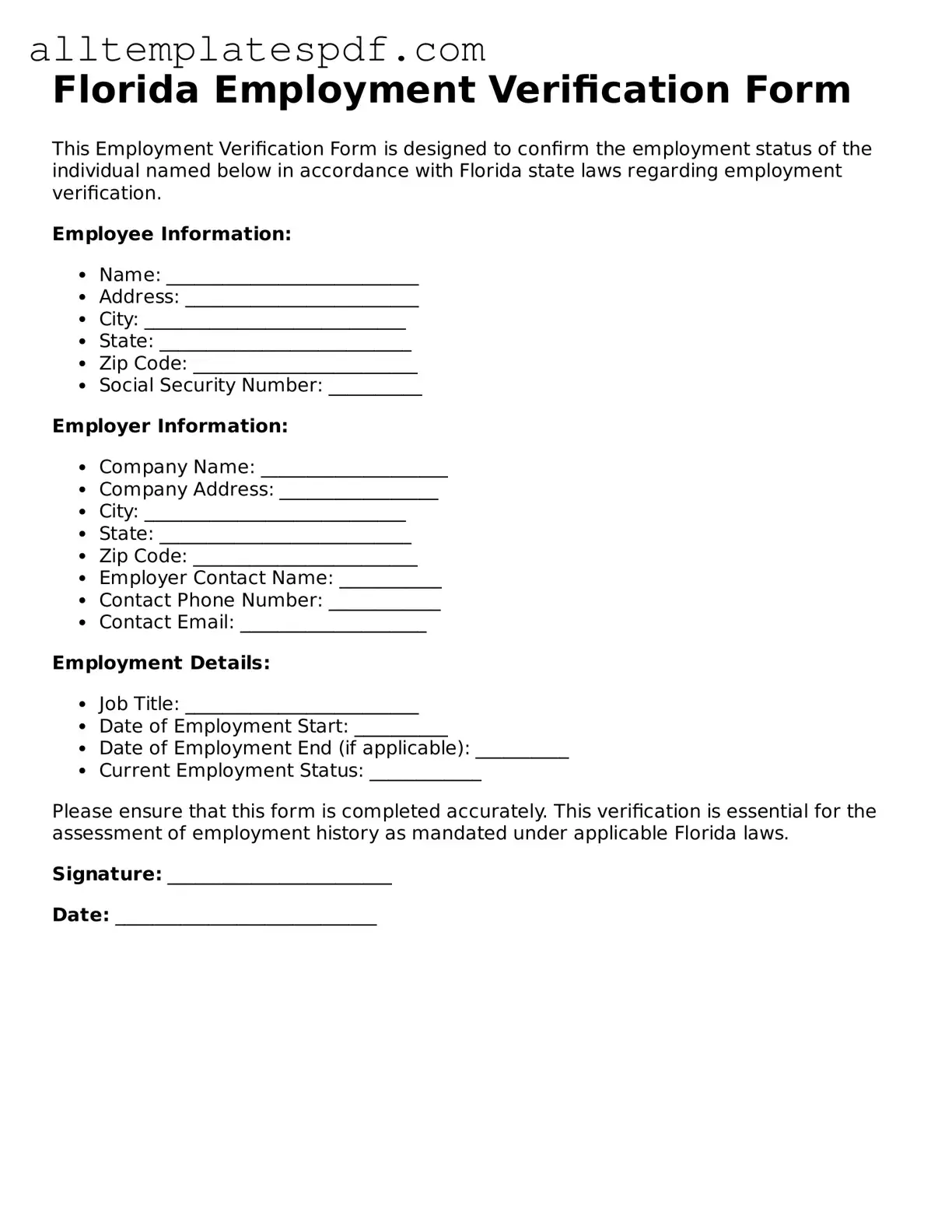 Blank Employment Verification Template for the State of Florida