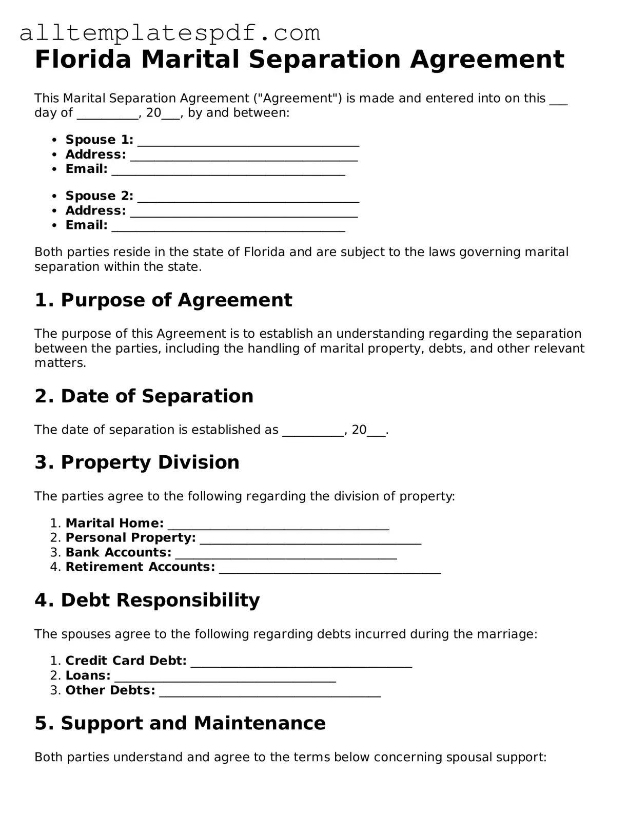 Blank Marital Separation Agreement Template for the State of Florida