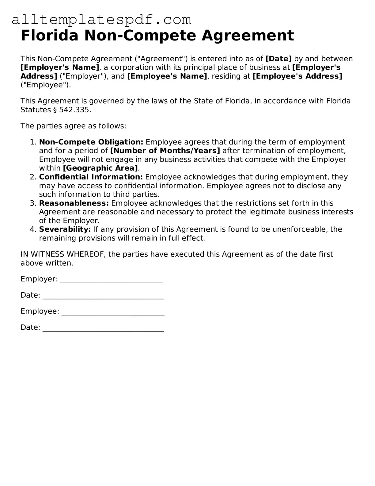 Blank Non-compete Agreement Template for the State of Florida