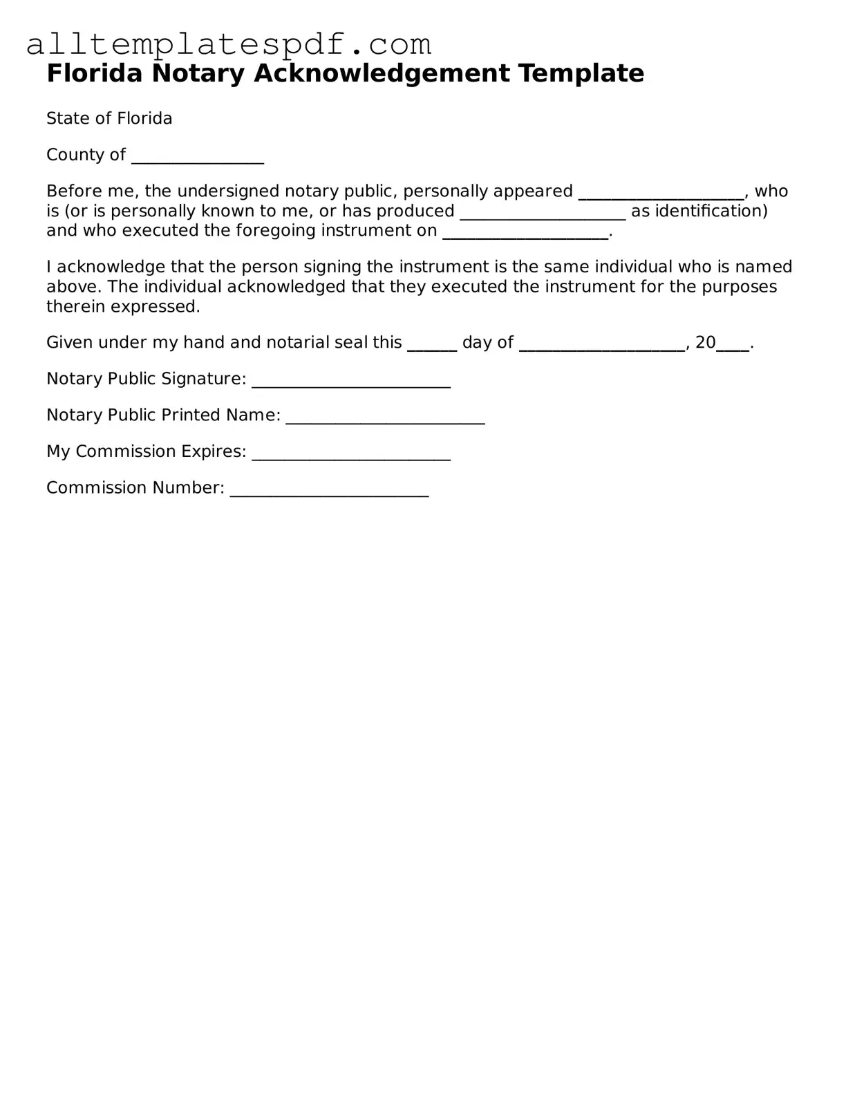 Blank Notary Acknowledgement Template for the State of Florida