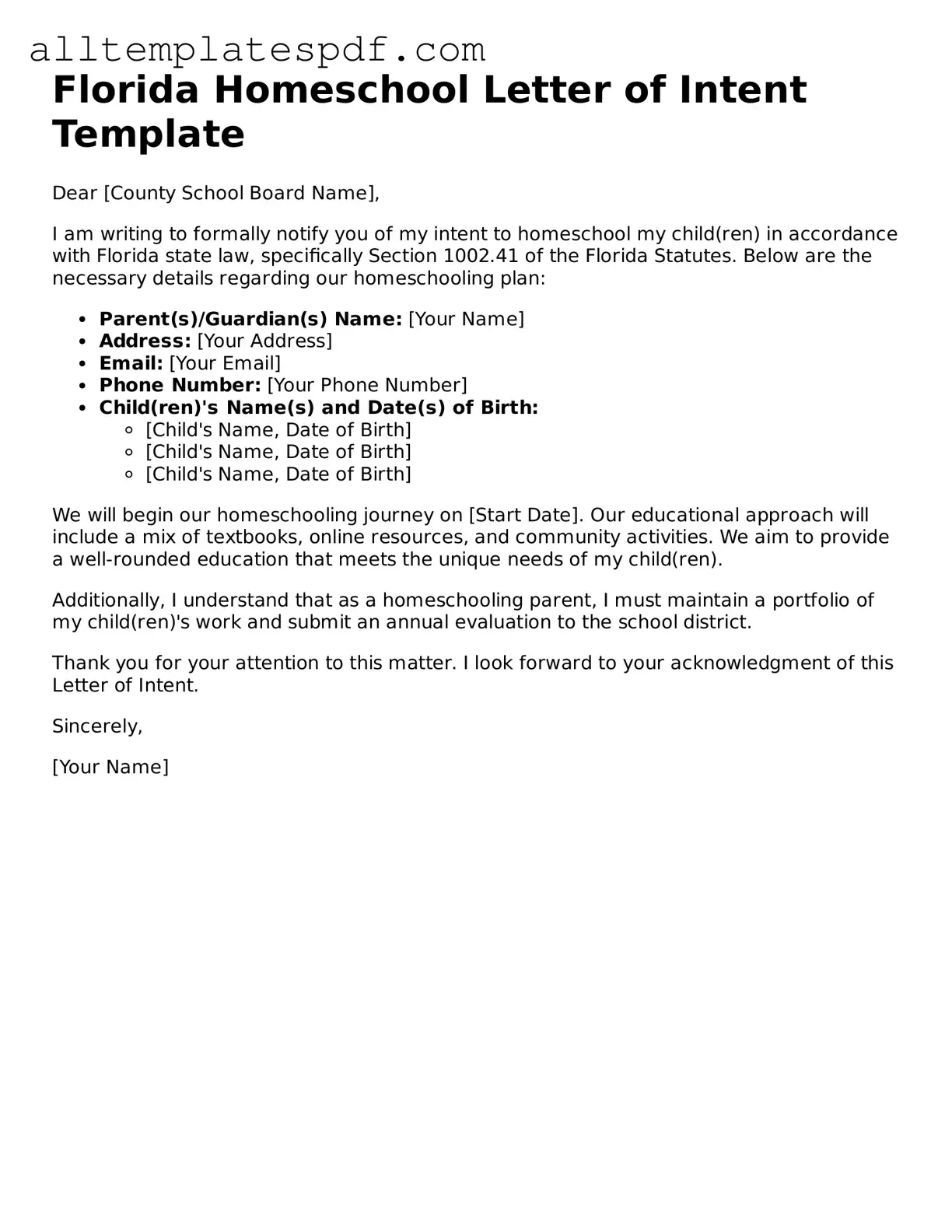 Blank Homeschool Letter of Intent Template for the State of Florida