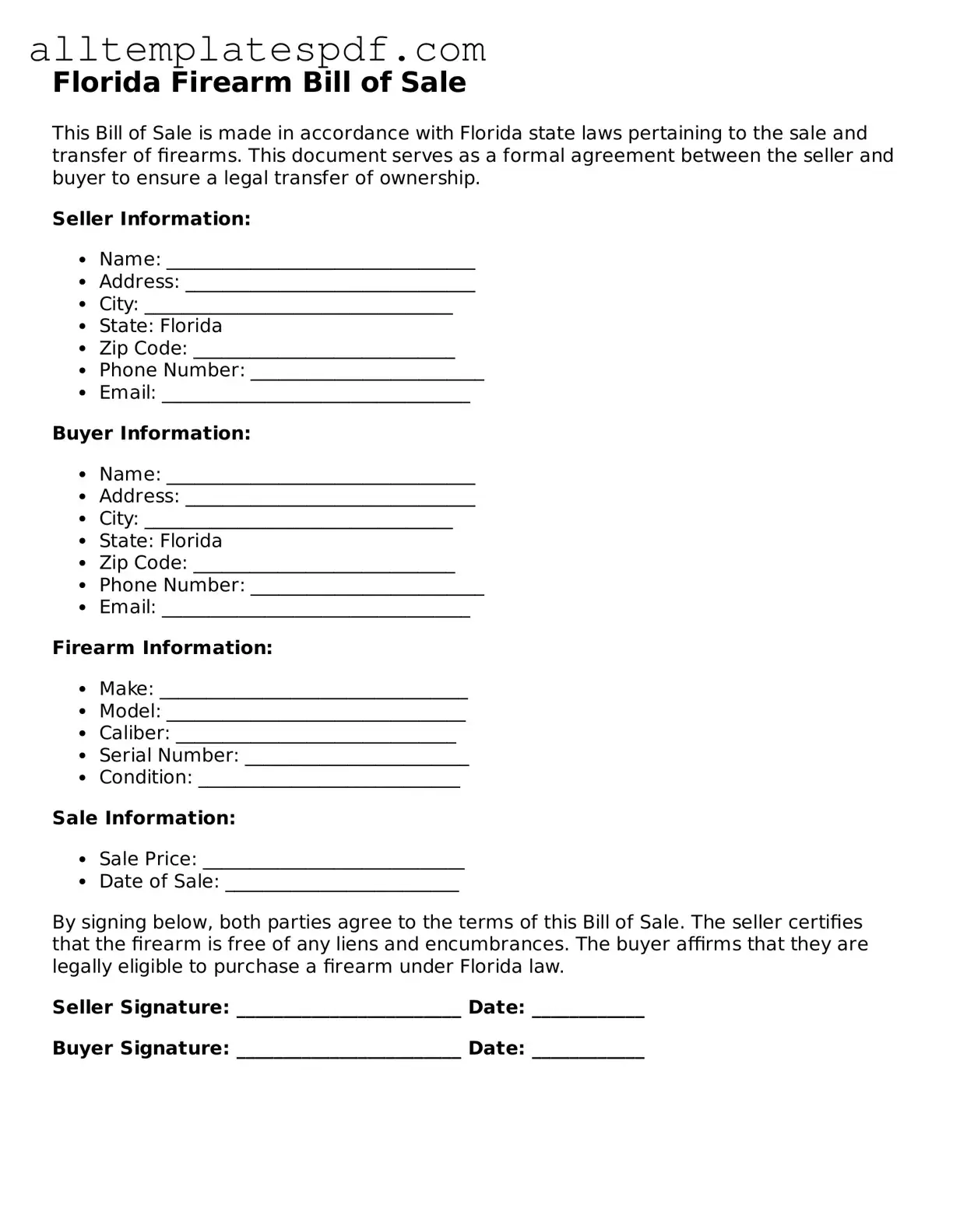 Blank Firearm Bill of Sale Template for the State of Florida