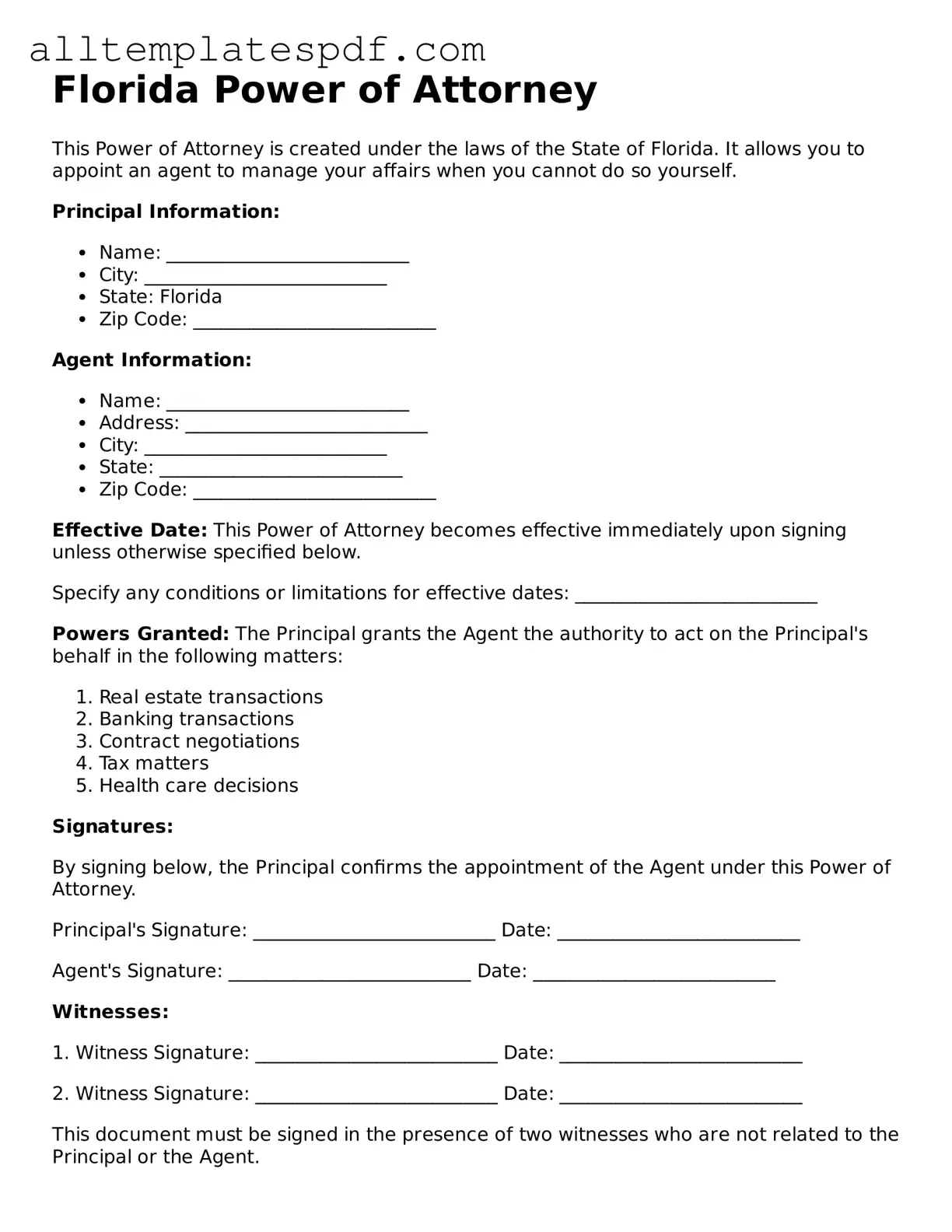 Blank Power of Attorney Template for the State of Florida