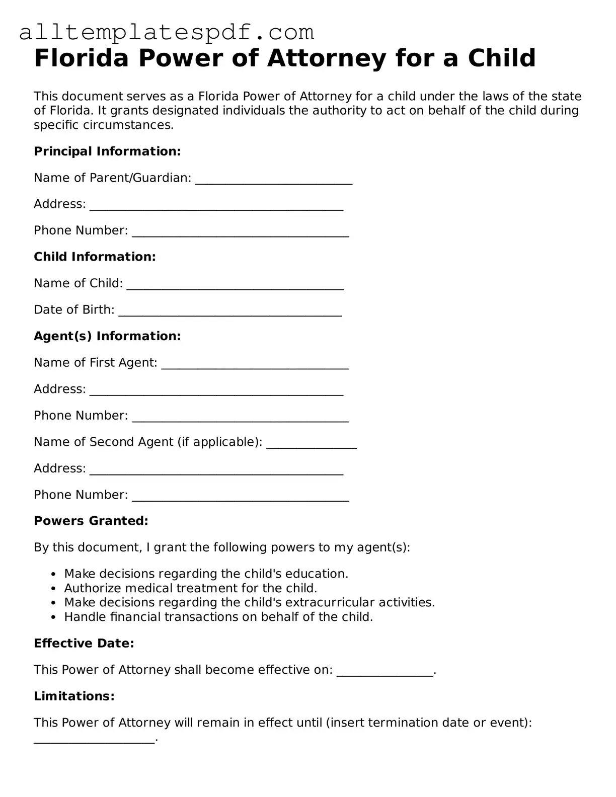 Blank Power of Attorney for a Child Template for the State of Florida