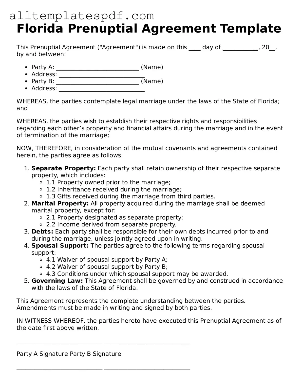 Blank Prenuptial Agreement Template for the State of Florida