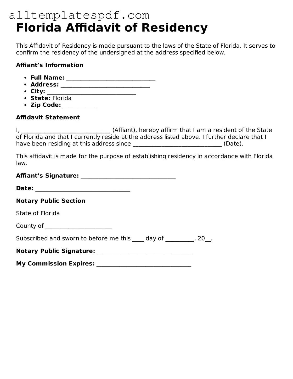 Blank Affidavit of Residency Template for the State of Florida