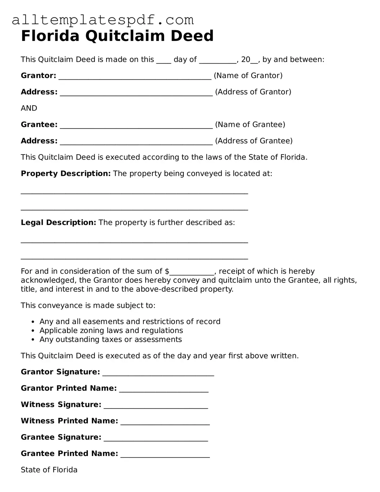 Blank Quitclaim Deed Template for the State of Florida