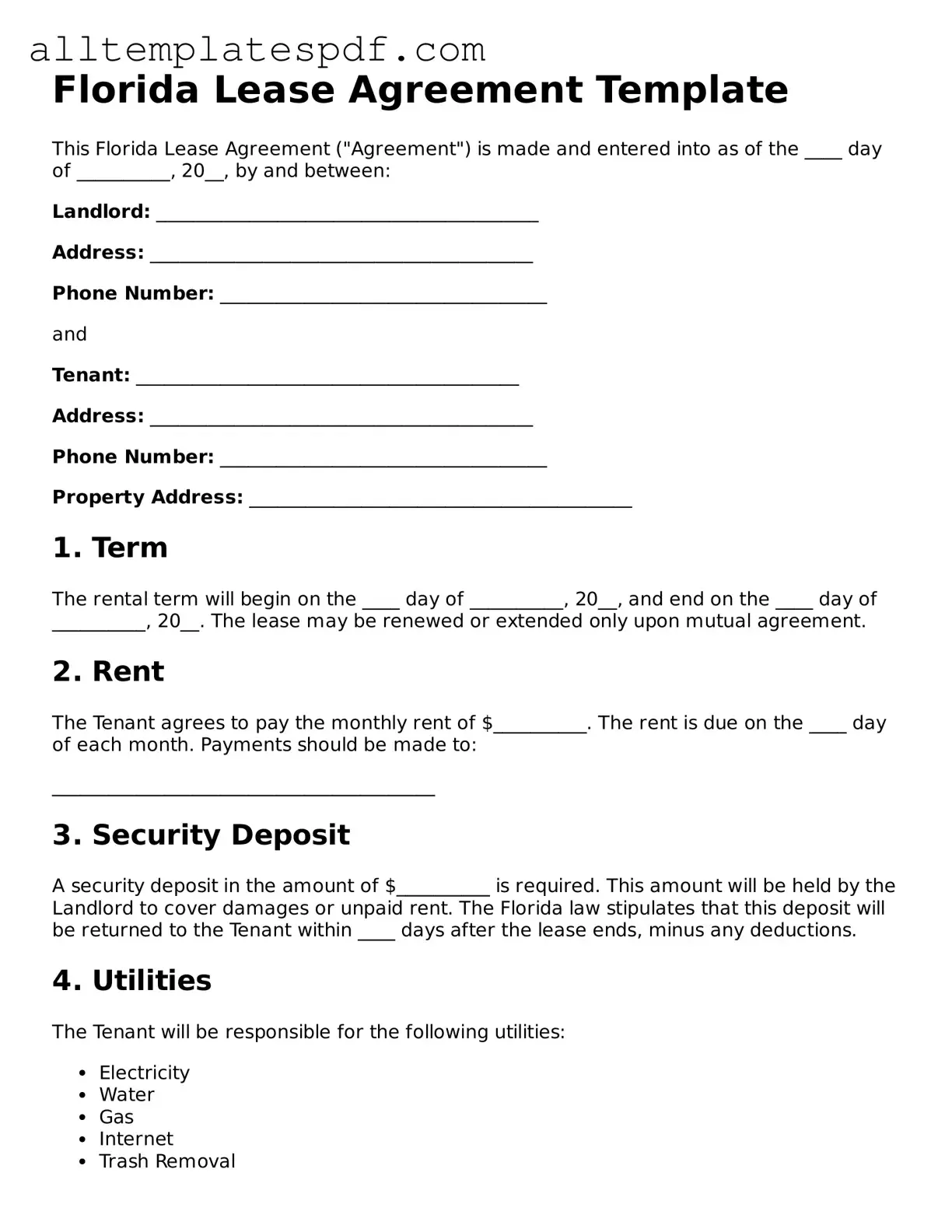 Blank Lease Agreement Template for the State of Florida