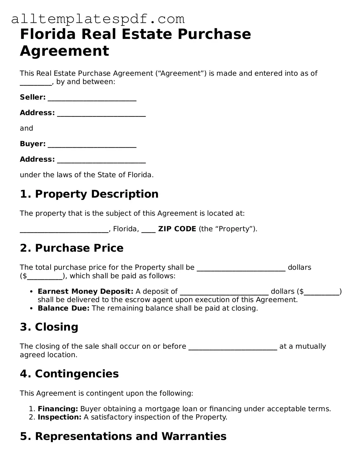 Blank Real Estate Purchase Agreement Template for the State of Florida