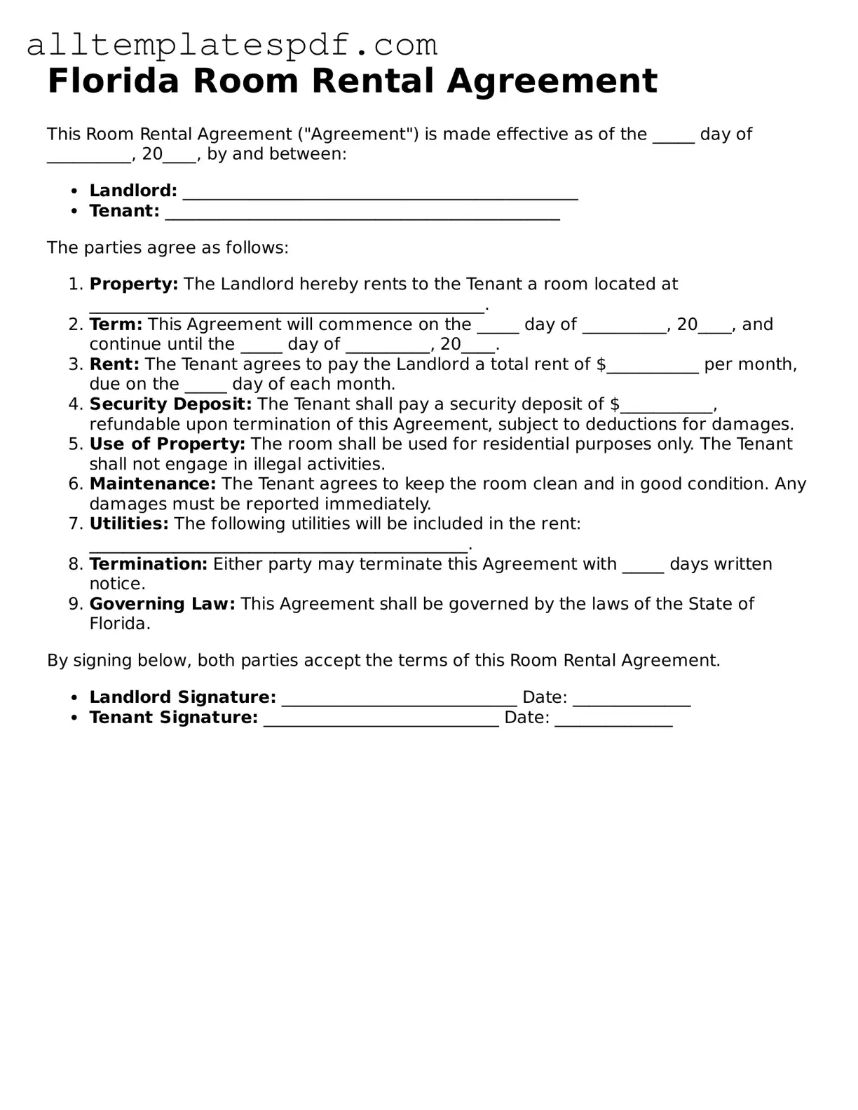 Blank Room Rental Agreement Template for the State of Florida