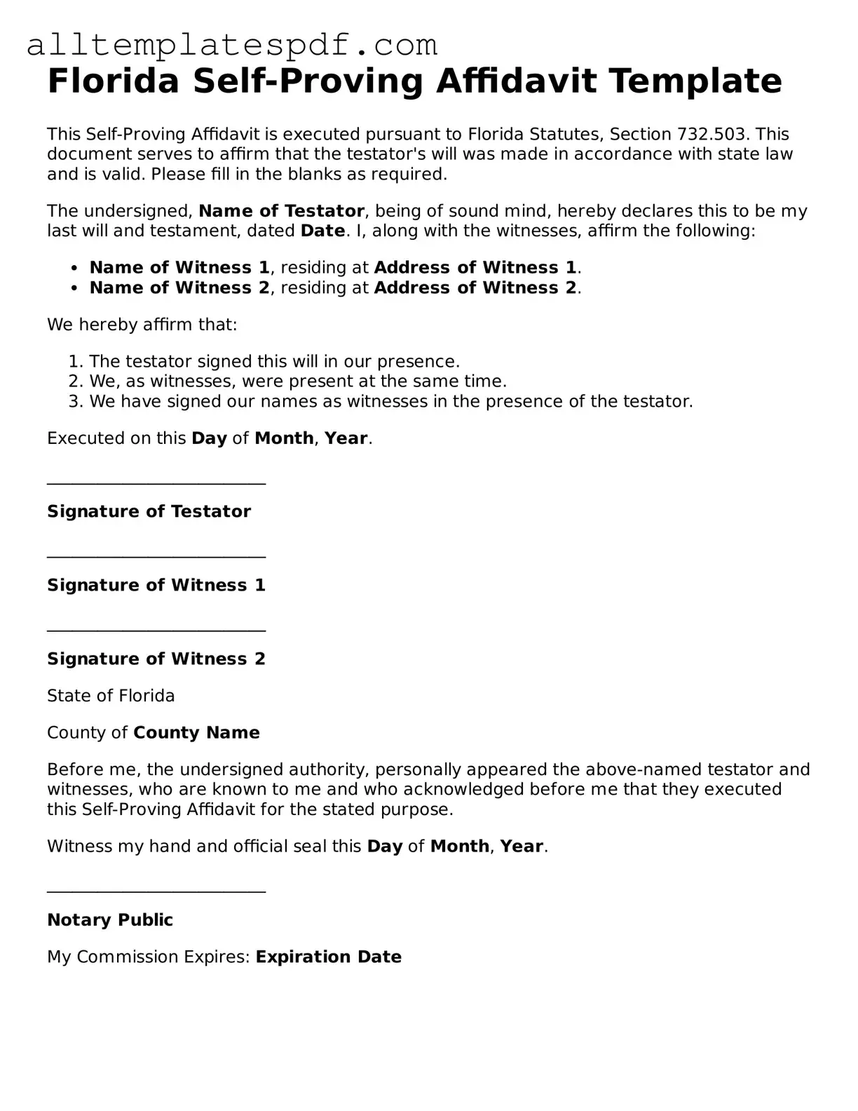 Blank Self-Proving Affidavit Template for the State of Florida