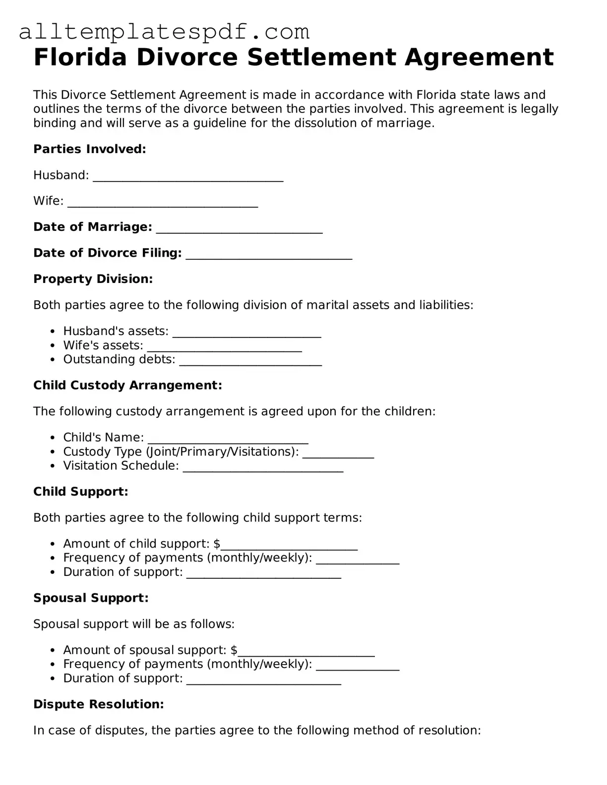 Blank Divorce Settlement Agreement Template for the State of Florida