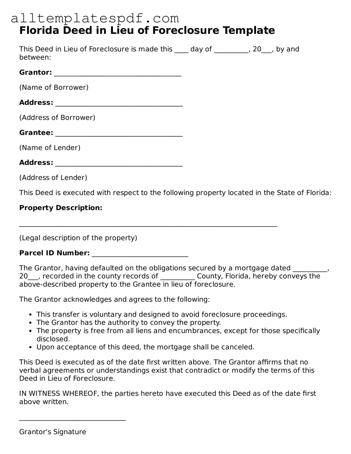 Blank Deed in Lieu of Foreclosure Template for the State of Florida