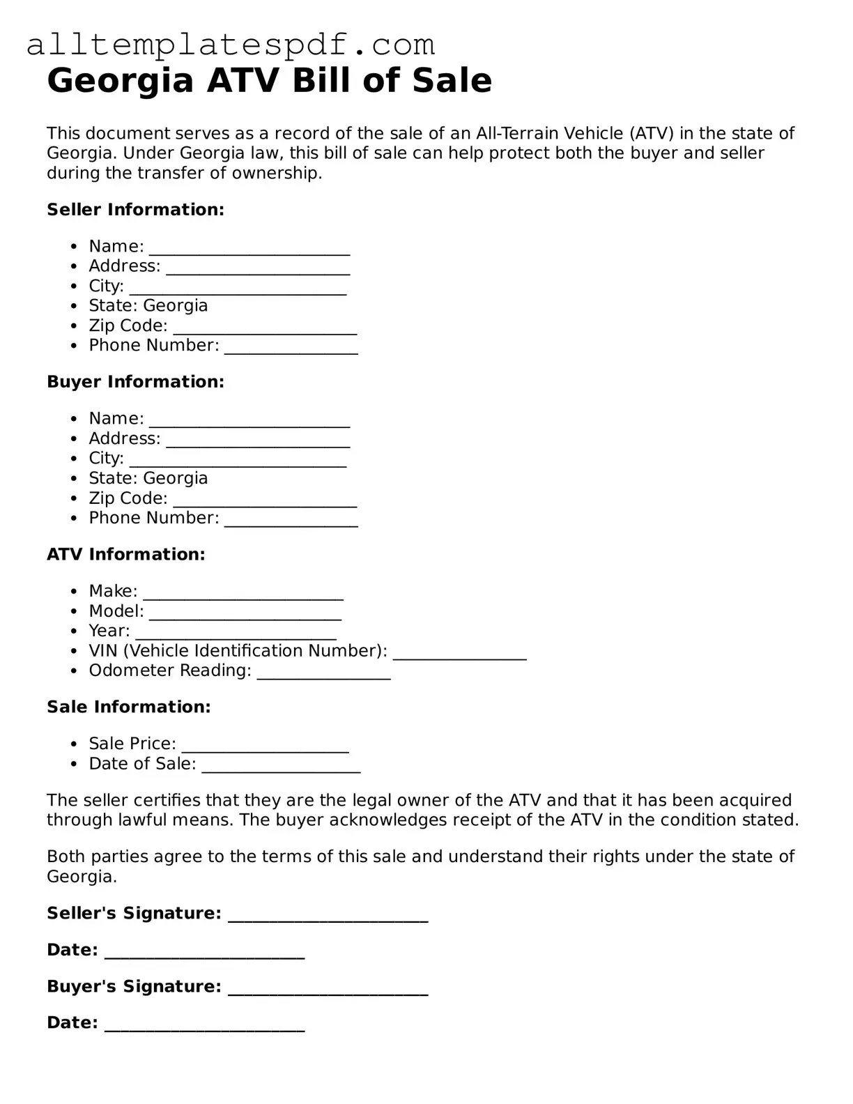 Blank ATV Bill of Sale Template for the State of Georgia