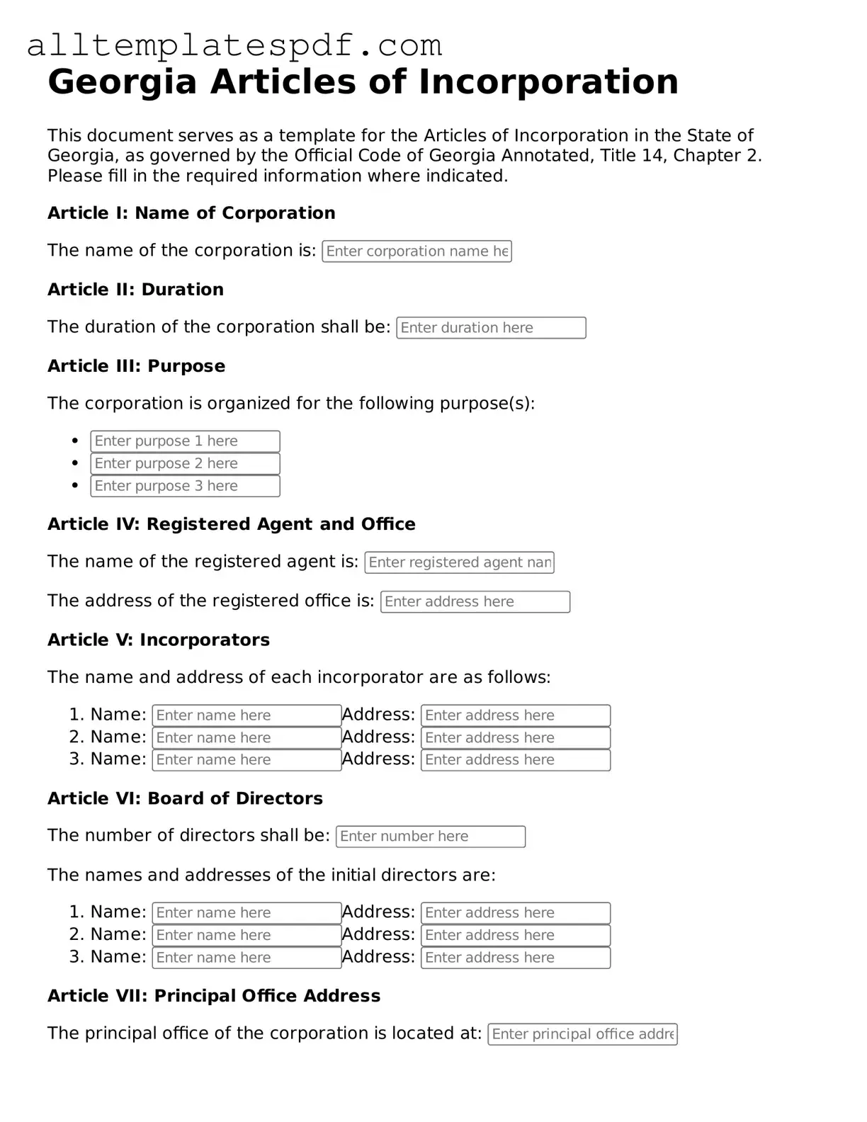 Blank Articles of Incorporation Template for the State of Georgia