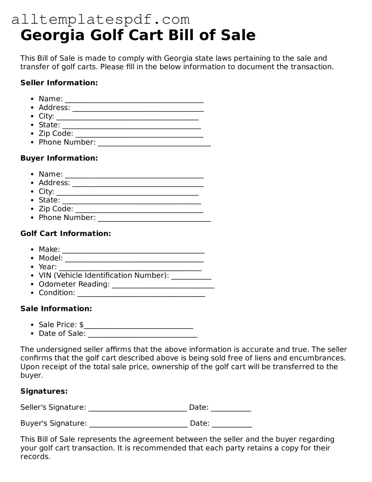 Blank Golf Cart Bill of Sale Template for the State of Georgia