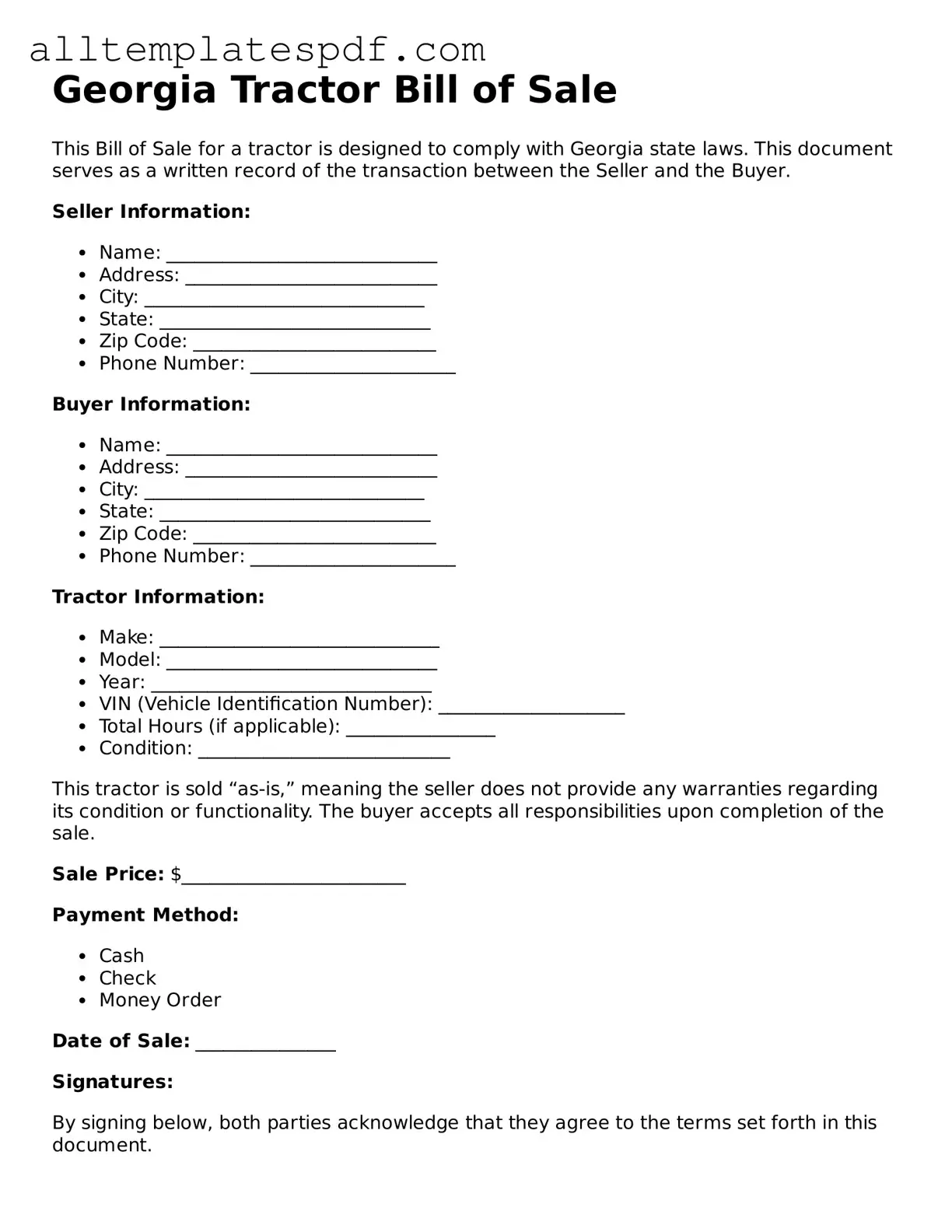 Blank Tractor Bill of Sale Template for the State of Georgia