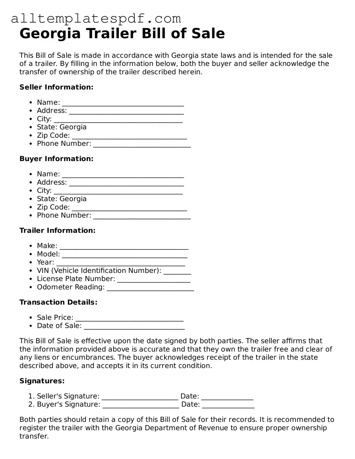 Blank Trailer Bill of Sale Template for the State of Georgia