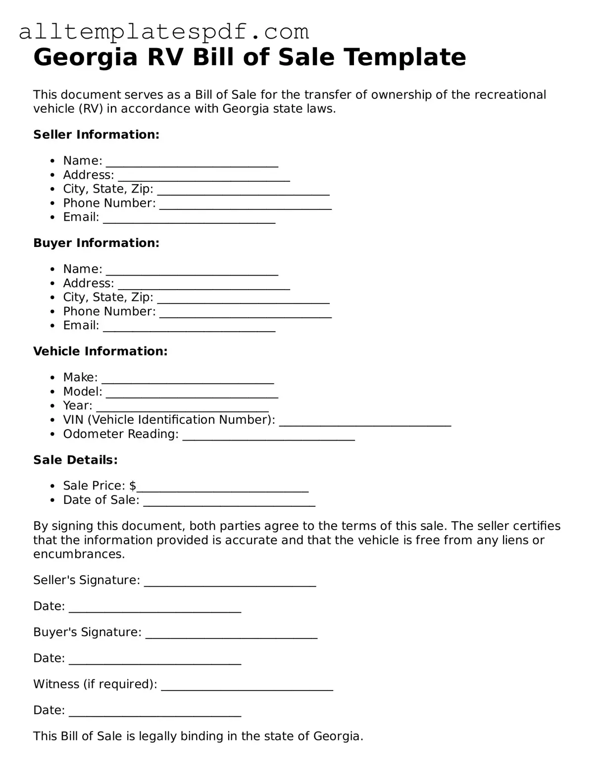 Blank RV Bill of Sale Template for the State of Georgia