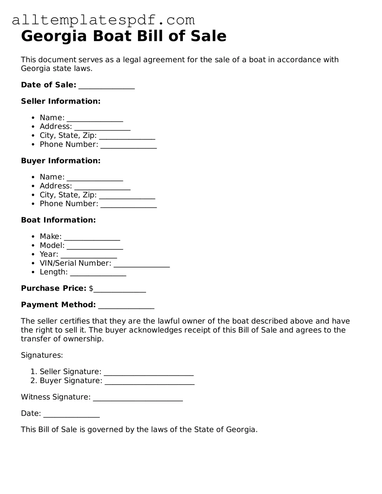Blank Boat Bill of Sale Template for the State of Georgia