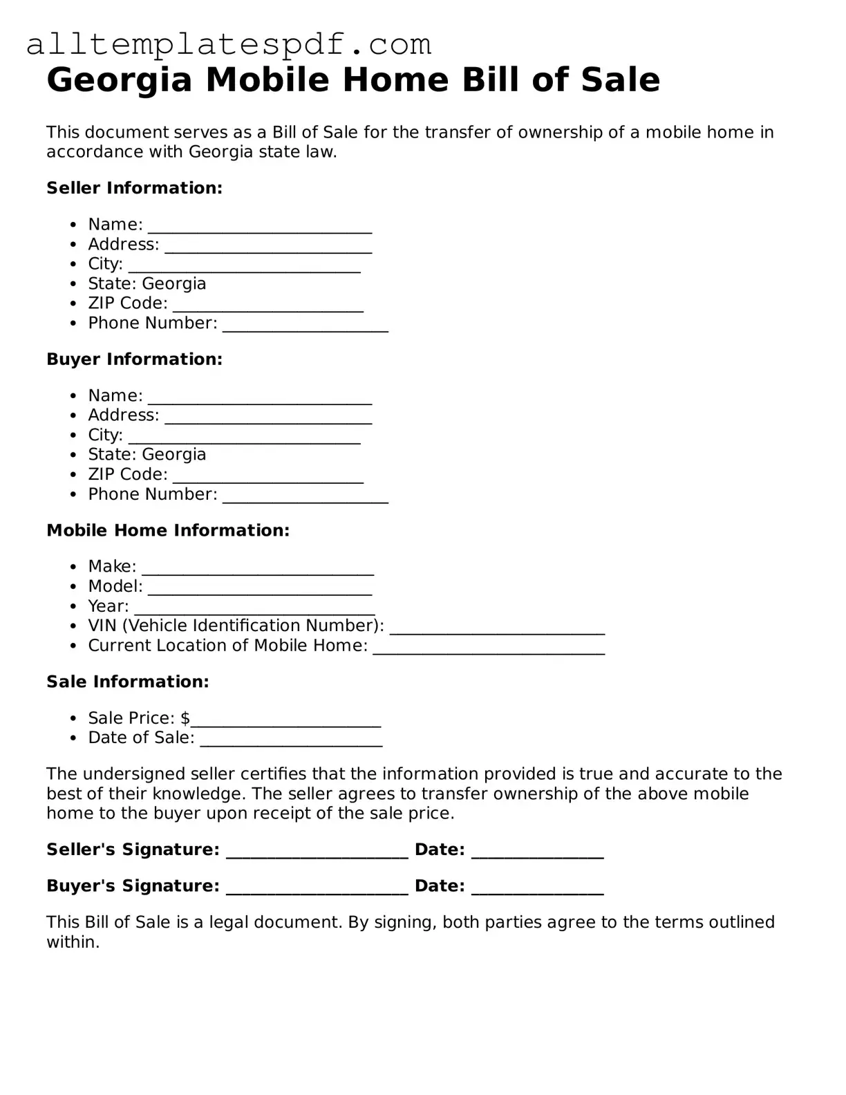 Blank Mobile Home Bill of Sale Template for the State of Georgia