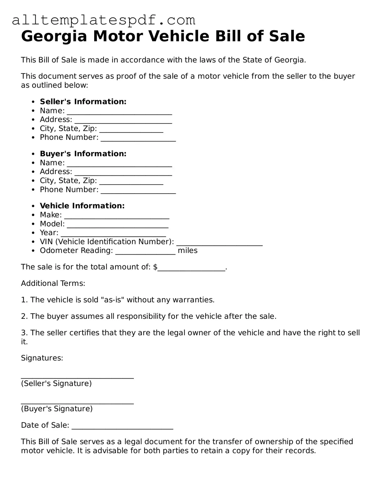 Blank Motor Vehicle Bill of Sale Template for the State of Georgia