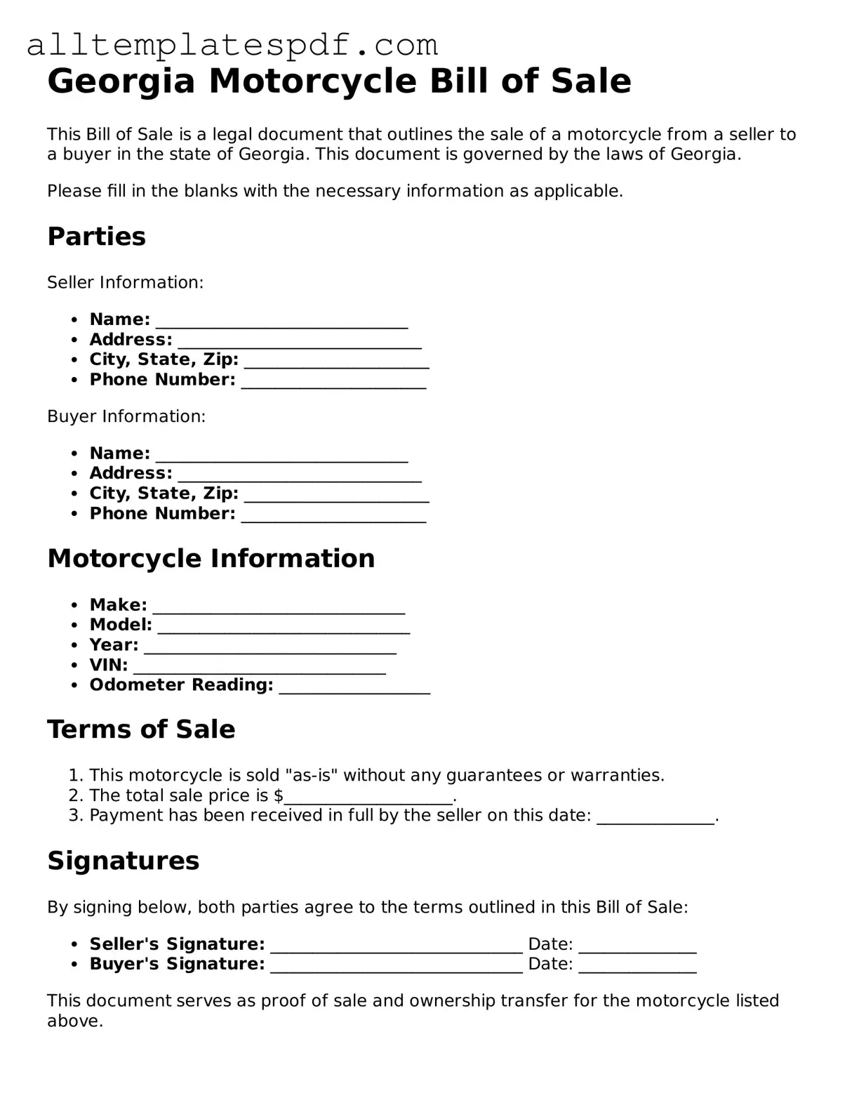 Blank Motorcycle Bill of Sale Template for the State of Georgia
