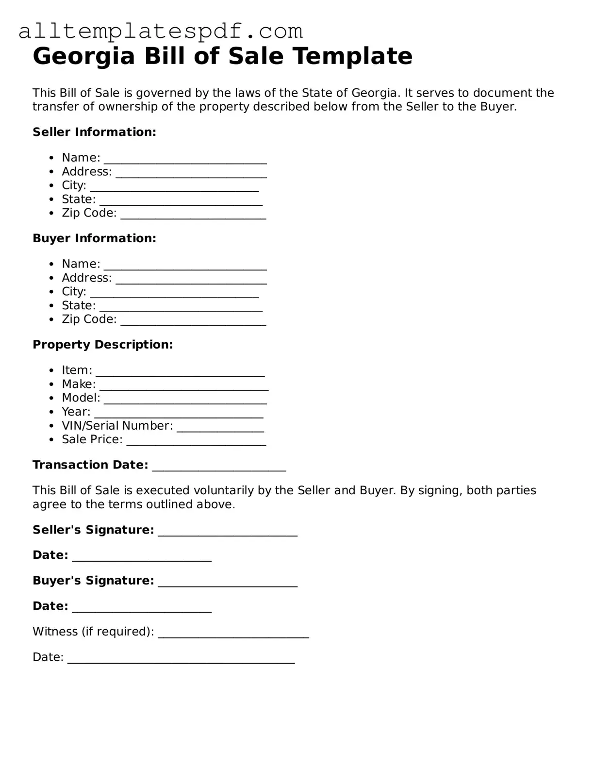 Blank Bill of Sale Template for the State of Georgia