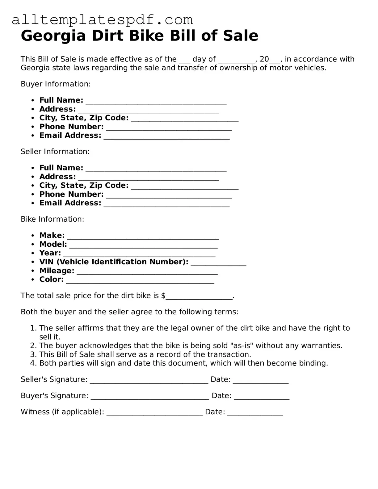 Blank Dirt Bike Bill of Sale Template for the State of Georgia