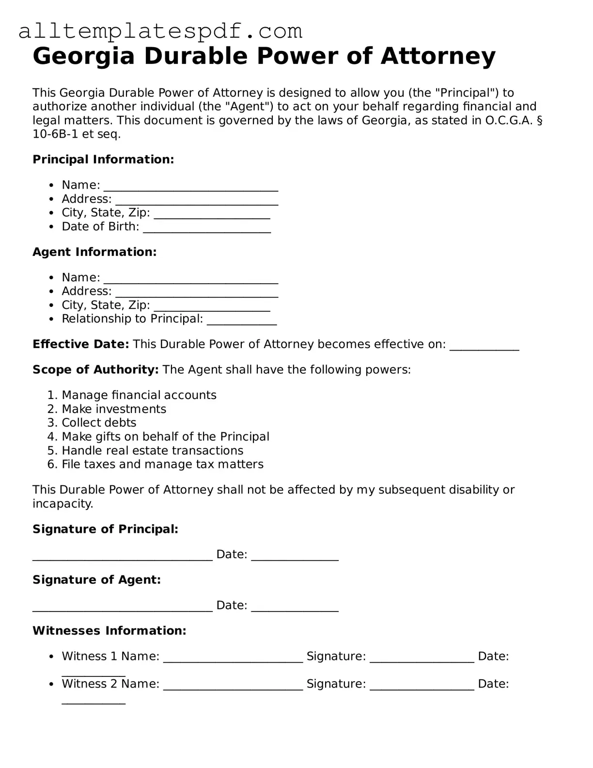 Blank Durable Power of Attorney Template for the State of Georgia