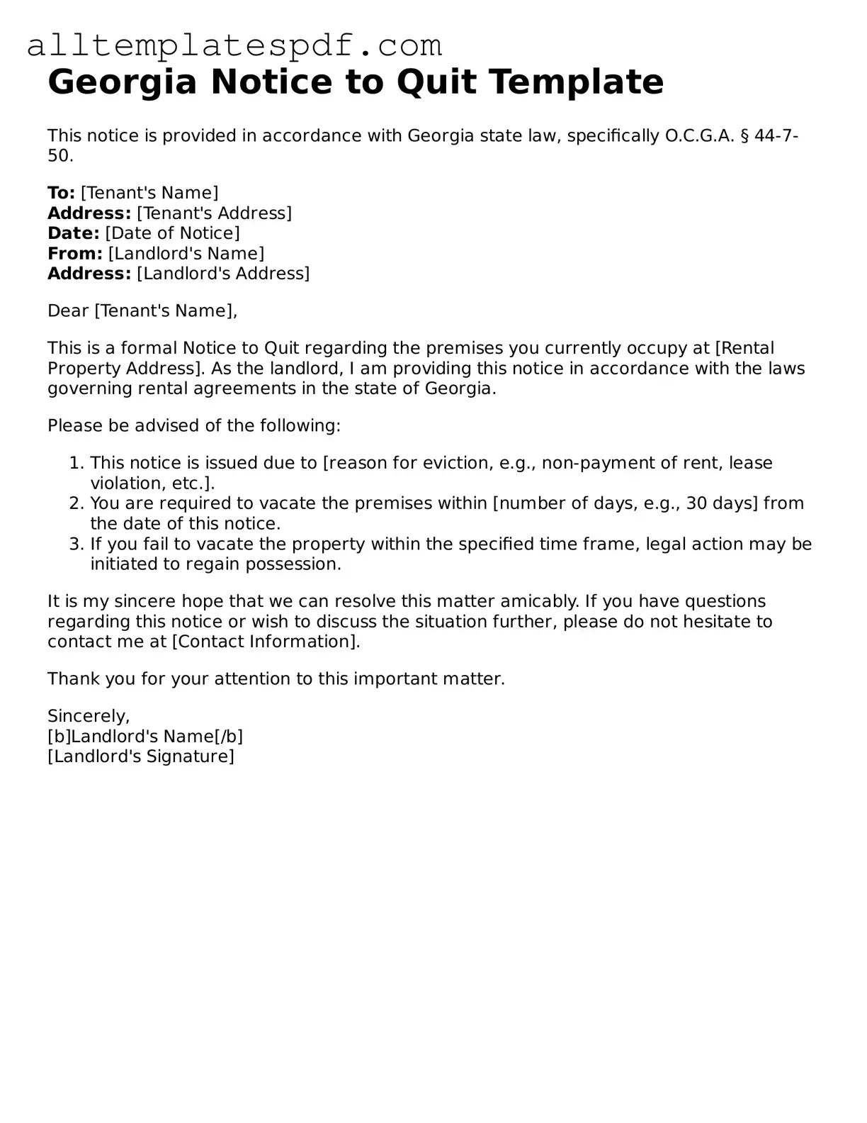 Blank Notice to Quit Template for the State of Georgia