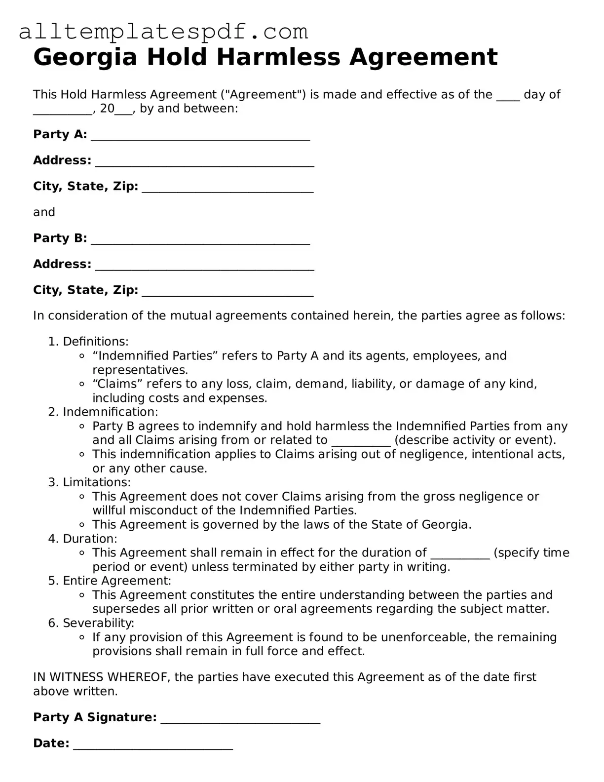 Blank Hold Harmless Agreement Template for the State of Georgia
